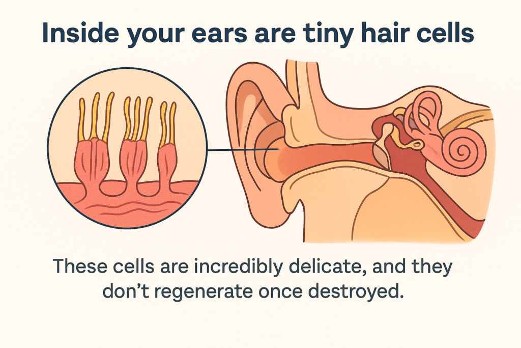 Illustration of inner ear hair cells showing how loud earphones can damage these delicate, non-regenerating cells.