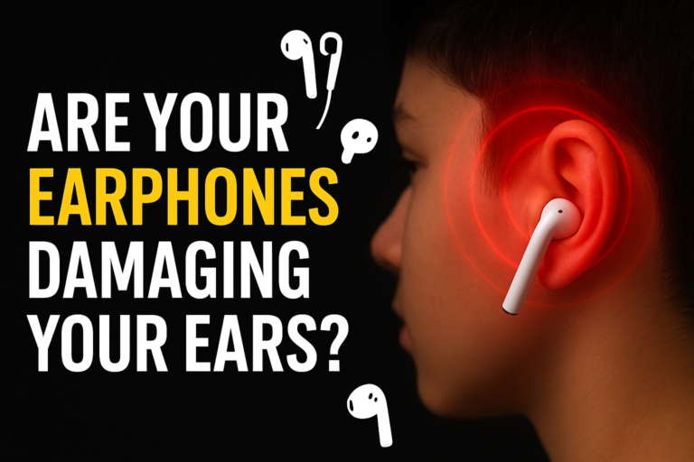 Close-up image of a young person’s ear wearing one wireless earbud, showing pressure on the ear canal, representing hearing damage caused by loud earphone use.