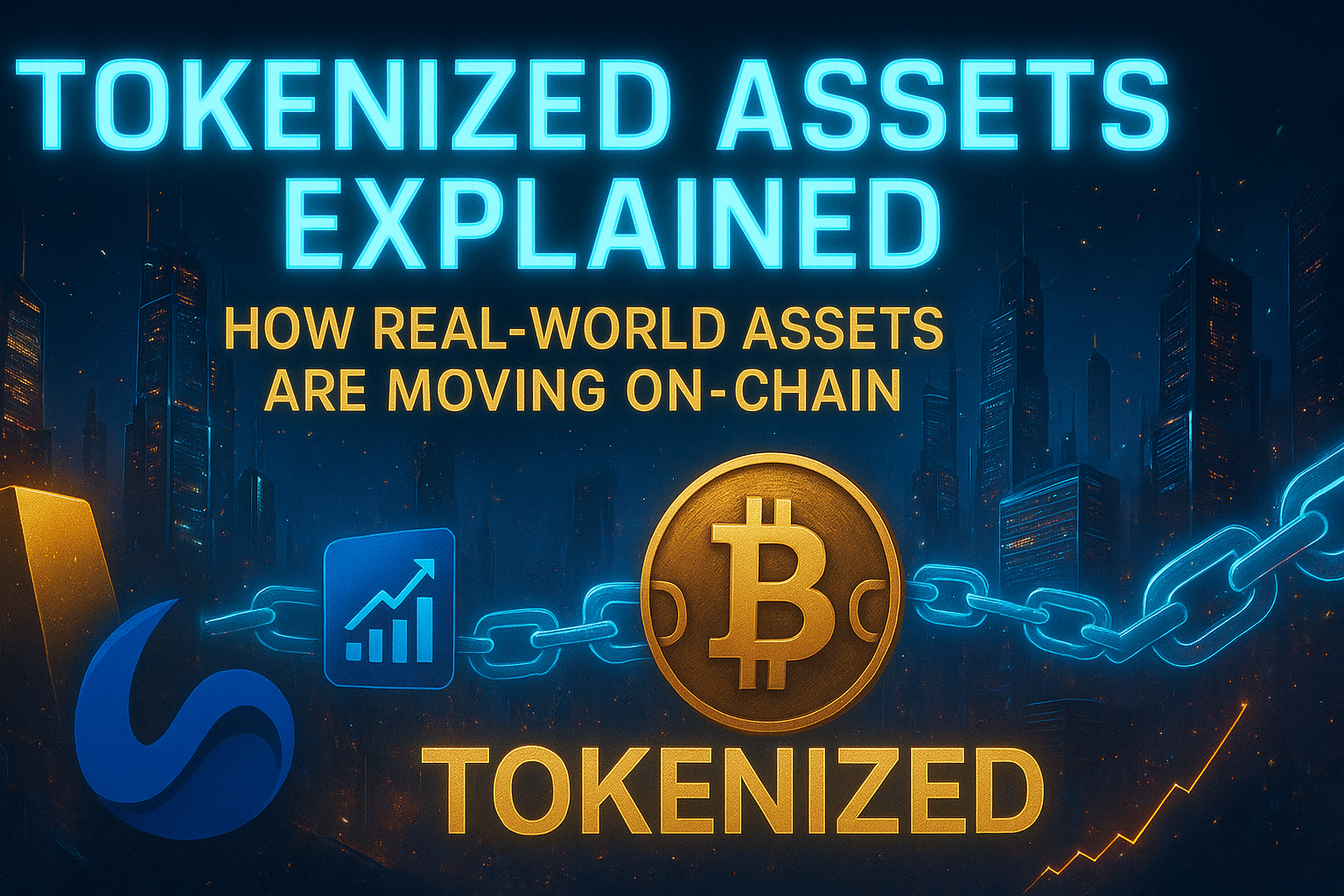 Tokenized Assets Explained – Futuristic Crypto Thumbnail Featuring Ondo Finance & RWA Blockchain Concept