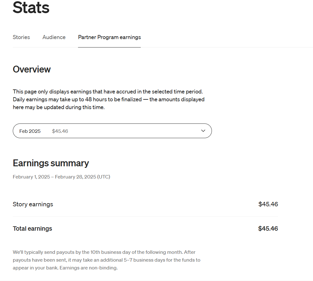 Monthly Medium income report displaying writer’s earnings and performance statistics.